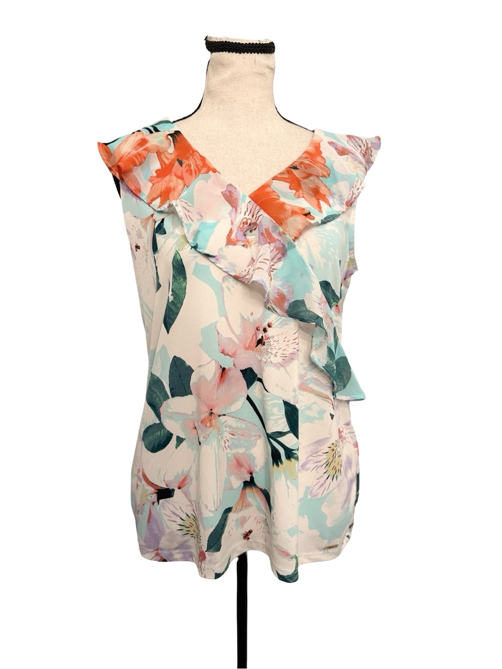 Calvin Klein Floral Ruffle Sleeveless Blouse Top Size Small Pastel Spring